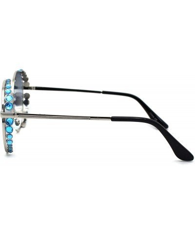 Round Womens Large Rhinestone Visor Trim Round Circle Lens Sunglasses - Silver Blue - CZ1972X07SS $16.39