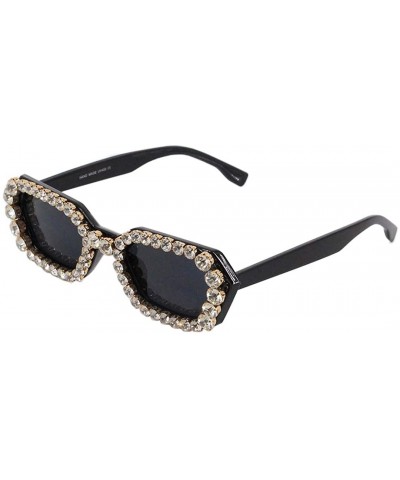 Cat Eye Oversized Rhinestone Aviator Sunglasses for Women Diamond Shades - Black Frame/Grey Lens - C618UR4AZQQ $32.02