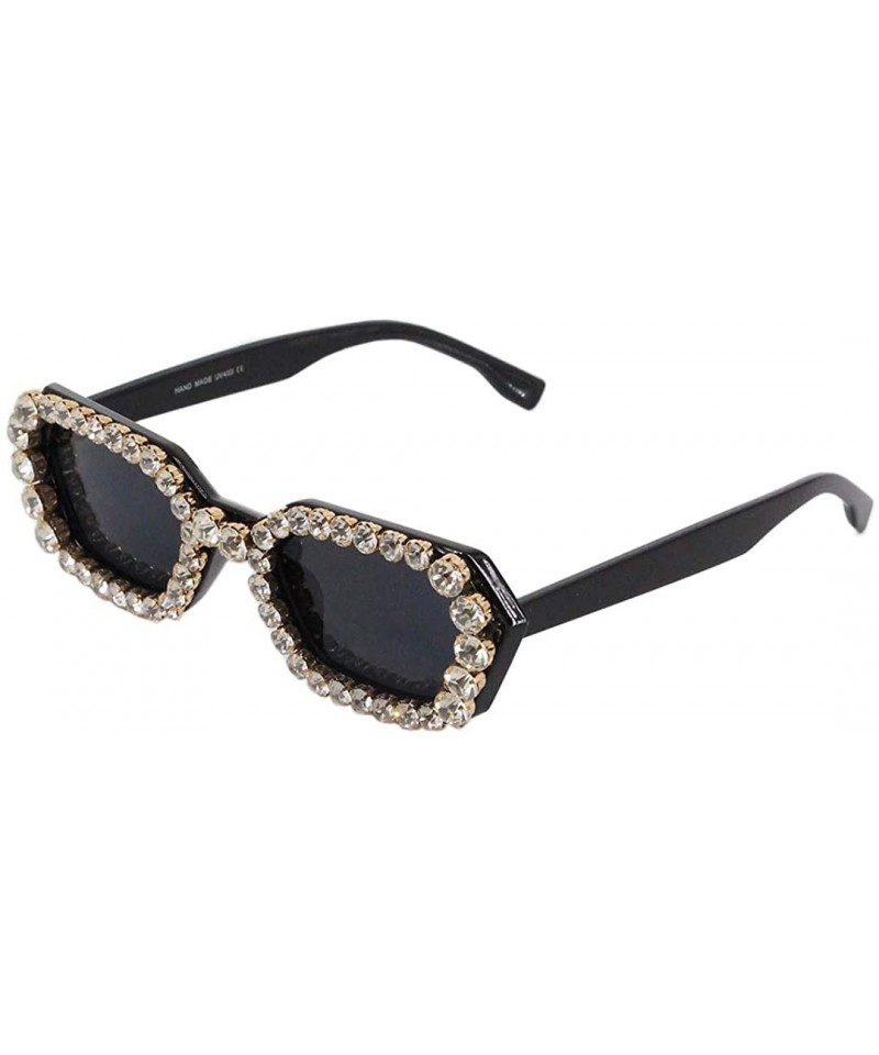 Cat Eye Oversized Rhinestone Aviator Sunglasses for Women Diamond Shades - Black Frame/Grey Lens - C618UR4AZQQ $17.47