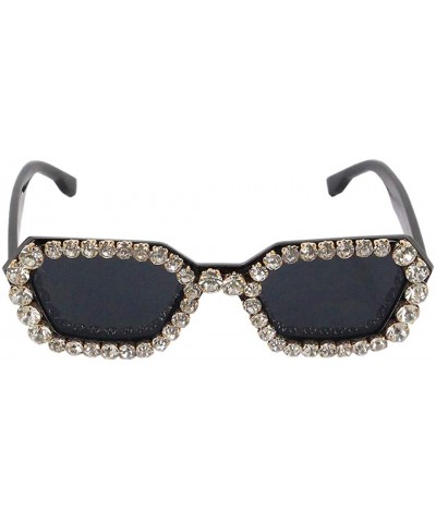 Cat Eye Oversized Rhinestone Aviator Sunglasses for Women Diamond Shades - Black Frame/Grey Lens - C618UR4AZQQ $17.47