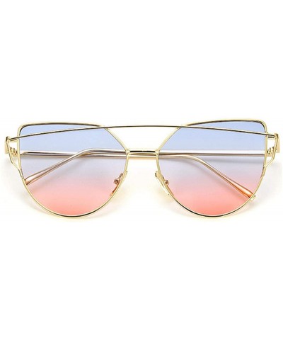 Aviator Designer Cat Eye Sunglasses Women Vintage Metal Reflective Glasses Mirror Retro - Goldbluepink - CG198A5L59M $35.21