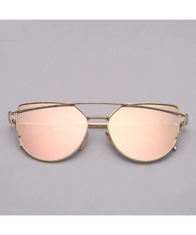 Aviator Designer Cat Eye Sunglasses Women Vintage Metal Reflective Glasses Mirror Retro - Goldbluepink - CG198A5L59M $35.21