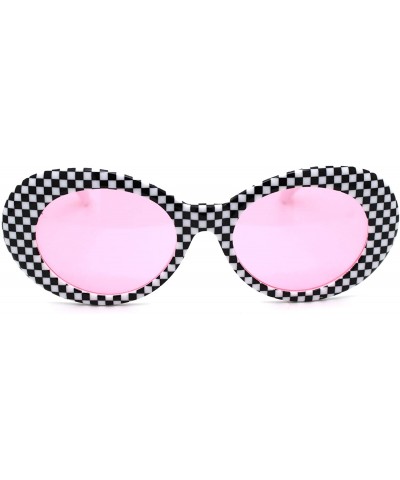 Oval Womens Checker Pattern Mod Oval Thick Plastic Sunglasses - White Pink - C918YD0I9Q5 $15.48