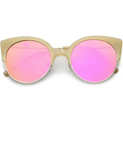 Cat Eye Women's Half Frame Ultra Slim Arms Mirrored Round Flat Lens Cat Eye Sunglasses 53mm - Creme Gold / Magenta Mirror - C...