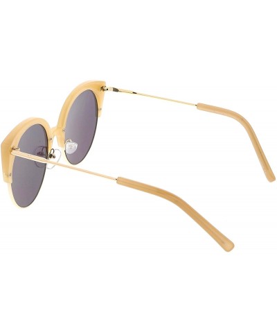 Cat Eye Women's Half Frame Ultra Slim Arms Mirrored Round Flat Lens Cat Eye Sunglasses 53mm - Creme Gold / Magenta Mirror - C...