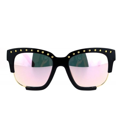 Rectangular Womens Metal Studded Exposed Lens Plastic Horned Butterfly Sunglasses - Black Gold Pink - CB18KI7XWXA $11.41