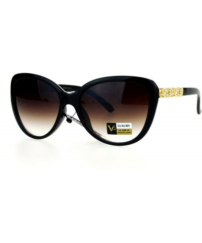 Cat Eye Rose Metal Jewel Arm Oversize Cat Eye Sunglasses - Black Brown Smoke - C512EDWWCNZ $11.81
