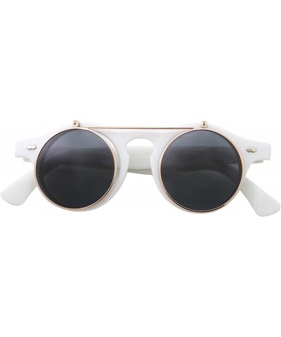 Round Flip Up Round Punk Sunglasses Steampunk Circle Retro - White Gold Frame - Black Lens - CI18E7ZECWO $7.74