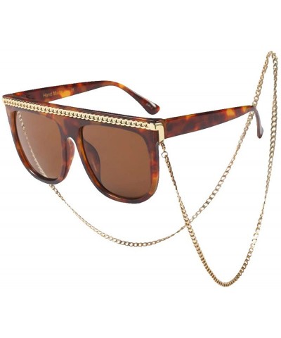 Goggle Women Oversize Sunglasses Fashion Square Eyewear UV400 Metal Chain Shades - Leopard Frame/Brown Lens - C018OSTGNI3 $41.56