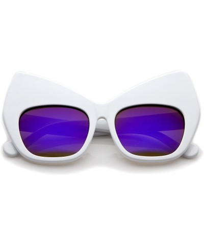 Cat Eye Chunky Frame Colored Mirror Square Lens Oversized Cat Eye Sunglasses 49mm - White / Purple Mirror - CN12LBRVEJD $19.61
