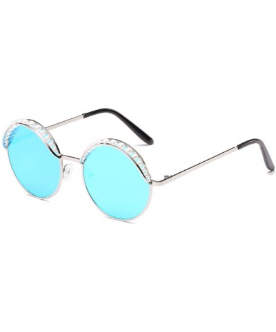 Round Women Fashion Round Pearl Frame Sunglasses UV Protection Sunglasses - Silver Frame/Blue Lens - CL190TRSUGA $29.08