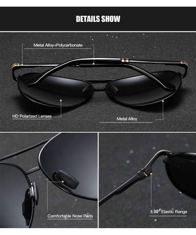 Aviator Polarized Aviator Sunglasses for Men Vintage Alloy Frame Driving Fishing Golf UV400 Protection - Black Silver - C918A...