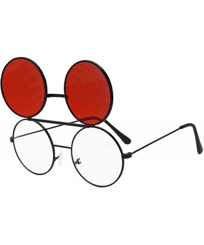 Oversized Metal Round Retro Boho Transparent Colored Mirrored Steampunk Flip Up Glasses Sunglasses - Black - Red - CD17YQHMGR...