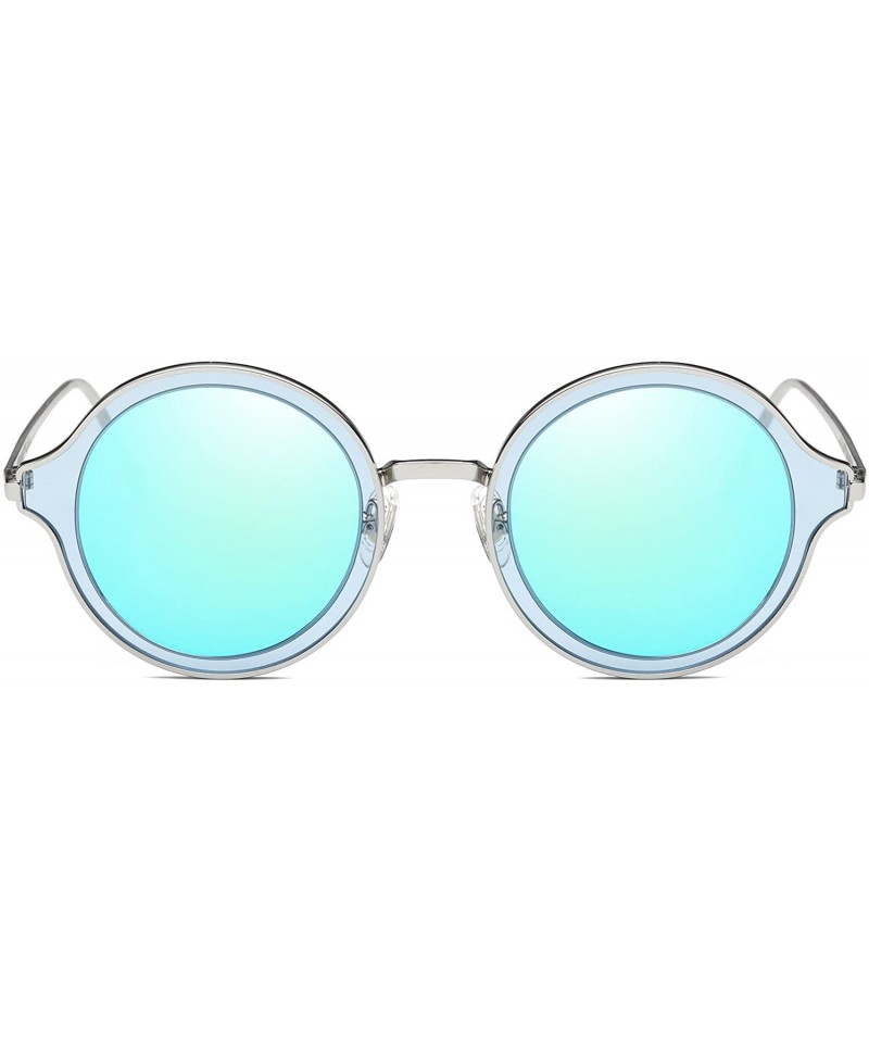 Oval Round Polarized Sunglasses Metal Frame Flat Lens Unisex Glasses SJ1058 - C4 Silver Frame/Light Blue Mirrored Lens - CB18...