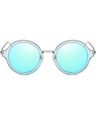 Oval Round Polarized Sunglasses Metal Frame Flat Lens Unisex Glasses SJ1058 - C4 Silver Frame/Light Blue Mirrored Lens - CB18...