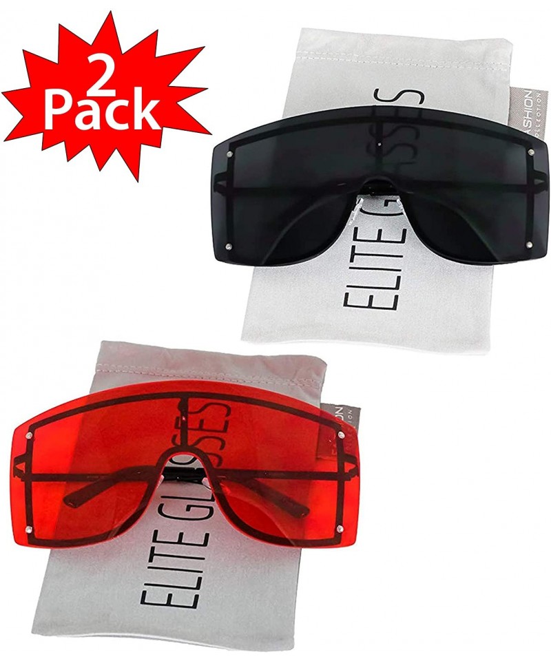 Oversized OVERSIZED VINTAGE RETRO Huge Big MASK SHIELD Half Face Owen Style SUNGLASSES - Black and Red - CK18ILERMKD $41.80