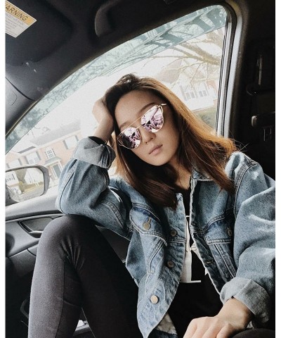 Oversized Cat Eye Fashion Metal Frame Mirrored Flat Lenses Women Sunglasses B2206 - 06 Gold Frame Pink Mirror Lens - CJ12JII7...
