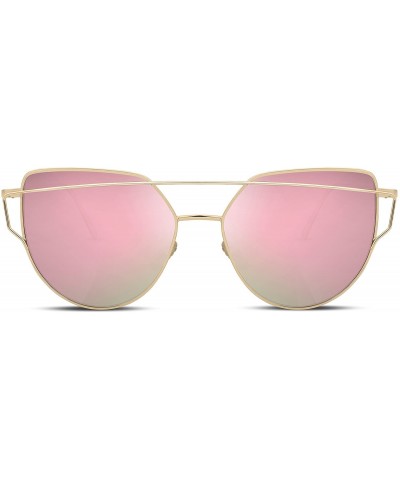 Oversized Cat Eye Fashion Metal Frame Mirrored Flat Lenses Women Sunglasses B2206 - 06 Gold Frame Pink Mirror Lens - CJ12JII7...