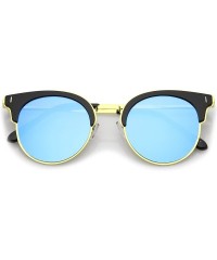 Round Modern Half Frame Round Colored Mirror Flat Lens Horn Rimmed Sunglasses 49mm - Black-gold / Blue Mirror - CE17YRE6UKW $...