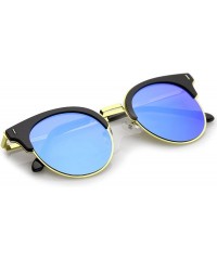 Round Modern Half Frame Round Colored Mirror Flat Lens Horn Rimmed Sunglasses 49mm - Black-gold / Blue Mirror - CE17YRE6UKW $...