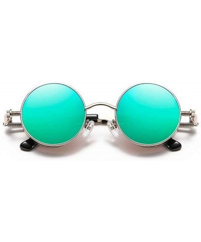 Shield Steam Punk Fashion Trendy Wild Sunglasses Round Metal Frame Spring Legs UV Protection - Silver Frame+ Green Lens - CW1...