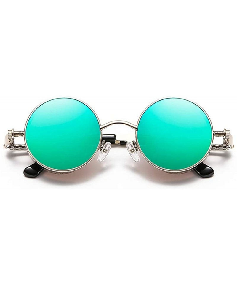 Shield Steam Punk Fashion Trendy Wild Sunglasses Round Metal Frame Spring Legs UV Protection - Silver Frame+ Green Lens - CW1...