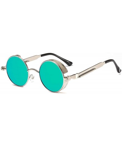 Shield Steam Punk Fashion Trendy Wild Sunglasses Round Metal Frame Spring Legs UV Protection - Silver Frame+ Green Lens - CW1...