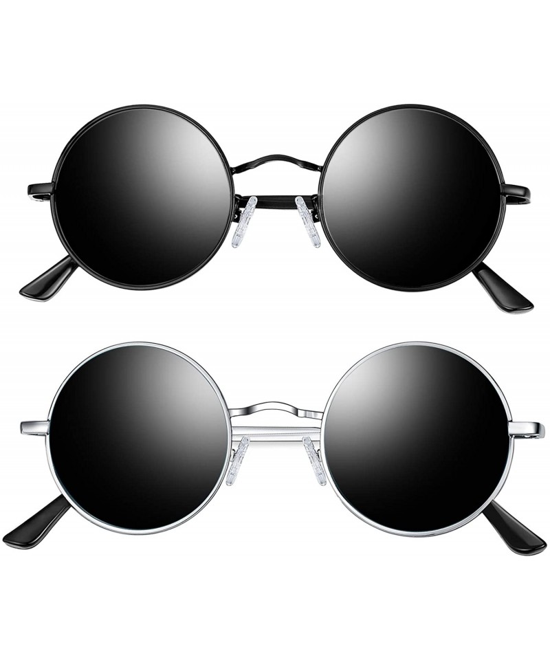 Round Lennon Round Sunglasses for Men Women - Small Circle Hippie Sunglasses Polarized - 2 Pack(black+silver) - CI18X7OU4IR $...