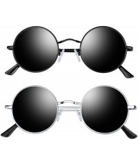 Round Lennon Round Sunglasses for Men Women - Small Circle Hippie Sunglasses Polarized - 2 Pack(black+silver) - CI18X7OU4IR $...