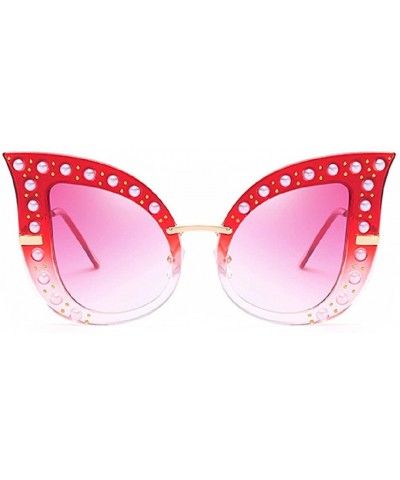 Cat Eye Cat Eye Fashion Shiny Diamond Women Sunglasses - Pearl Jeweled Glasses UV400 - Red - CD18CIDCQT4 $18.21