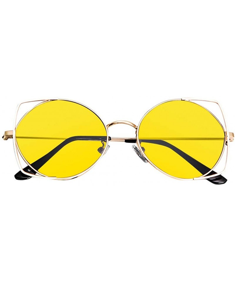 Round Glasses for Women- Tigivemen Cat Eye Mirrored Flat Lenses Metal Frame Multicolor Sunglasses - Yellow - CI18RLKGE8Q $18.65