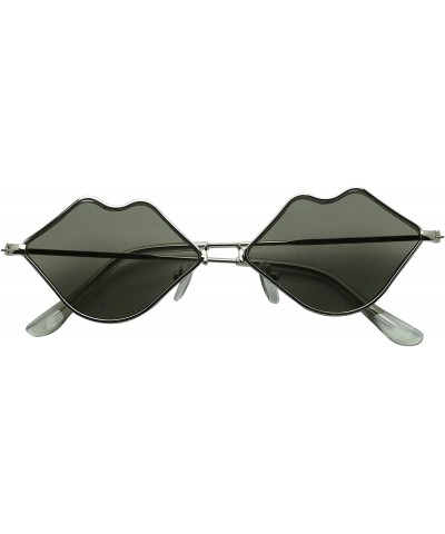 Oval Small Retro Kiss Lip Shaped Sunglasses Slim Metal Wire Frame Flat Lens Womens Cute Chic Fashion Shades - Silver - C8195M...