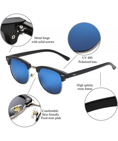 Square Vintage Semi Round Polarized Sunglasses for Men and Women 100% UV Protection Glasses - Blue Lens - C918YE9LN36 $12.72