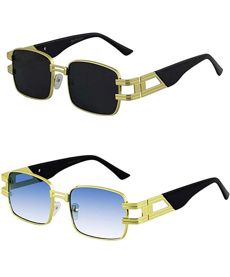 Square CLASSIC VINTAGE RETRO HIP HOP RAPPER Style SUNGLASSES Square Gold Frame - 2 Pack Black and Blue - CE197ISKZON $18.42