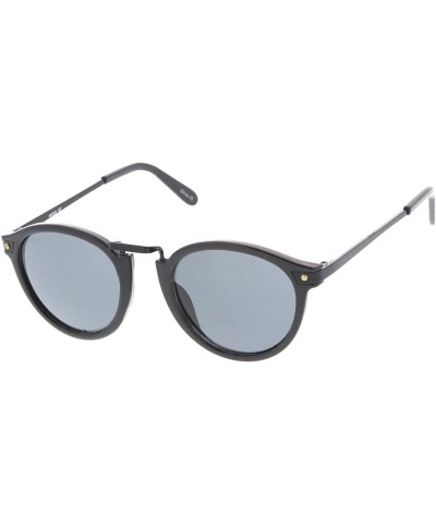 Round Retro Horn Rimmed Metal Nose Bridge P3 Round Sunglasses 50mm - Shiny Black-black / Smoke - CG12O2J0UKK $11.91