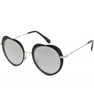 Oversized Women's Unique Thin Metal Arms Round Color Mirrored Lens Heart Sunglasses 54mm - Silver Black / Silver Mirror - CB1...