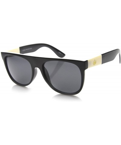 Wayfarer Retro Flat Top Gold Detailed Marijuana Weed Leaf Horn Rimmed Sunglasses (Ivory Leaf - Shiny Black/Smoke) - CE11A15WH...