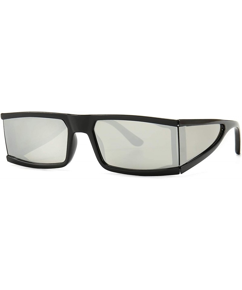 Wrap Small Rectangle Sunglasses Furturistic Rectangular Wrap Around Clout Goggles - Black Frame Silver Mirrored Lens - CD1943...