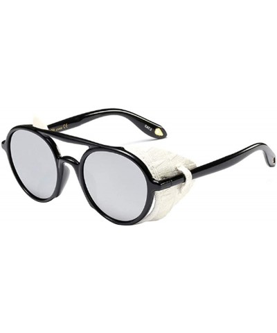 Round Women's Retro Classic Round Plastic Frame Sunglasses With Leather - Bright Black White - CU18WE8AQ62 $42.71