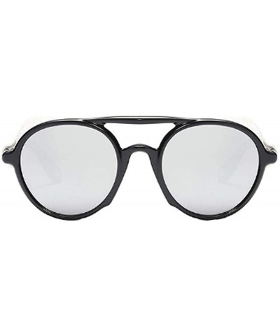 Round Women's Retro Classic Round Plastic Frame Sunglasses With Leather - Bright Black White - CU18WE8AQ62 $19.89