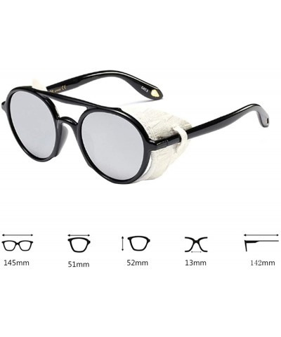 Round Women's Retro Classic Round Plastic Frame Sunglasses With Leather - Bright Black White - CU18WE8AQ62 $19.89