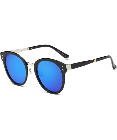 Oversized Fashion Designer Polarized Round Cateye Sunglasses for Women - Black & Silver / Blue - C217WWKH88S $34.67