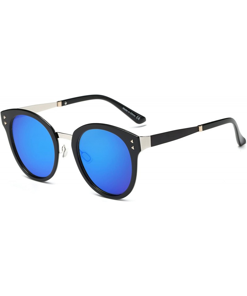 Oversized Fashion Designer Polarized Round Cateye Sunglasses for Women - Black & Silver / Blue - C217WWKH88S $21.08