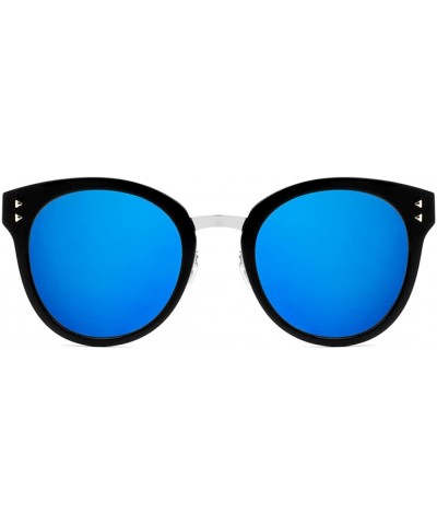 Oversized Fashion Designer Polarized Round Cateye Sunglasses for Women - Black & Silver / Blue - C217WWKH88S $21.08