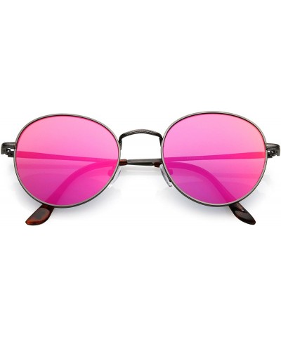 Round Classic Full Metal Slim Temple Color Mirrored Flat Lens Round Sunglasses 53mm - Gunmetal / Magenta Mirror - CY186MS9MZQ...