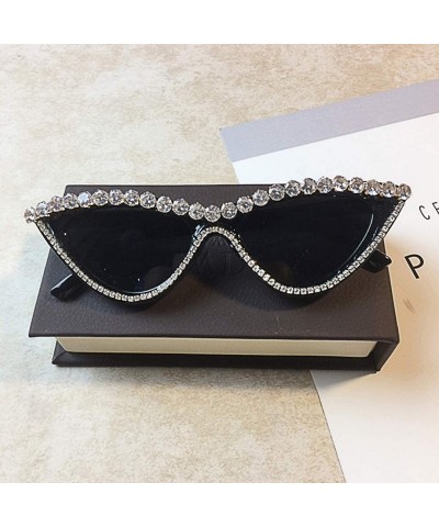 Round Vintage Cat Eye Diamond Crystal Sunglasses for Women Oversized Plastic Frame - Black - CH18UE9Q55Y $30.08