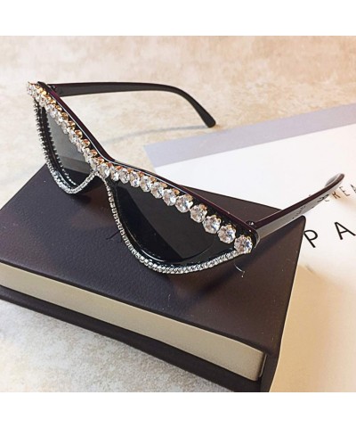 Round Vintage Cat Eye Diamond Crystal Sunglasses for Women Oversized Plastic Frame - Black - CH18UE9Q55Y $18.36