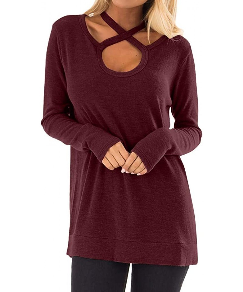 Round Women's Casual Cross Neckline Top Round Neck Long Sleeve Blouse Soft Comfy Solid Short Tops - Red - CV18NEU74X5 $11.48