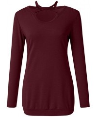 Round Women's Casual Cross Neckline Top Round Neck Long Sleeve Blouse Soft Comfy Solid Short Tops - Red - CV18NEU74X5 $11.48