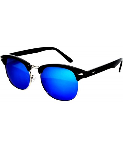 Rectangular Retro Classic Sunglasses Metal Half Frame With Colored Lens Uv 400 - Mirror-blue-lens-black - CU120075F6N $21.69